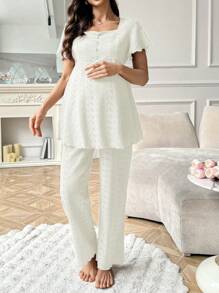 Moonlight&Mama Conjunto de pijama con pantalón largo, cuello cuadrado y mangas con volantes estampado jacquard para mujer embarazada - Beis - Ver 4