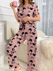 SHEIN Butterfly Print Women's Crew Neck Short Sleeve T-Shirt & Long Pants Pajama Set - Multicolor - View 6
