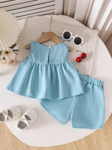 Baby Mädchen Sommer Casual Niedlich Kirsche Besticktes Tanktop In Denim-Optik Und Shorts In Denim-Optik Set