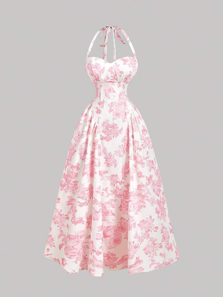SHEIN MOD Women's Romantic Floral Print Halter Mid-Length Dress