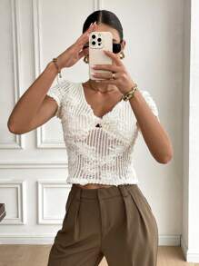 SHEIN Frenchy Women's Solid Color Decorated Slim Fit Sexy Short Sleeve T-Shirt, Summer Casual - Beige - View 1