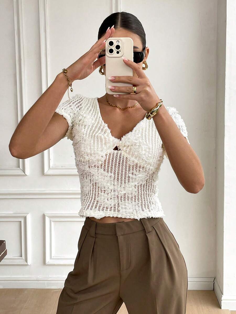 SHEIN Frenchy Women's Solid Color Decorated Slim Fit Sexy Short Sleeve T-Shirt, Summer Casual - Beige - View 1