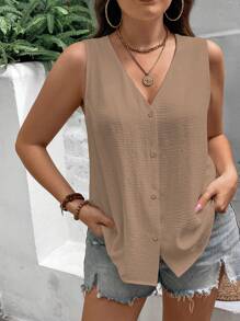 EMERY ROSE Plus Size Sleeveless Solid V-Neck Shirt, Minimalist Fashion Suitable For Summer - Khaki - View 6