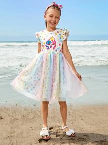 BABY SHARK X SHEIN Váy dễ thương cho bé gái tuổi teen họa tiết cá mập và vỏ sò nhiều màu sắc ombre chiffon màu trắng mùa hè - Nhiều màu - Xem 7
