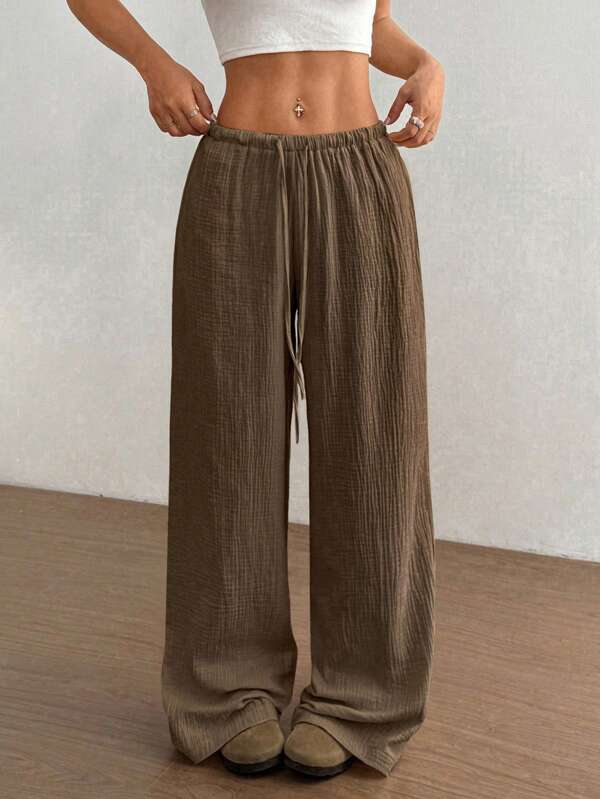 Flirla Pantalones rectos de algodón casual de cintura extra baja para mujer