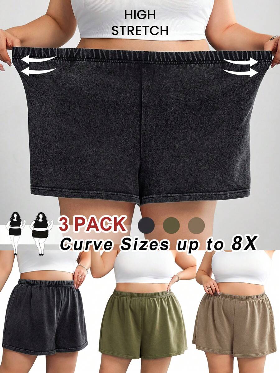 SHEIN CURVE+ 3 件套大码女式做旧复古针织街头服饰，抽绳腰部休闲短裤，春夏季、节日和音乐会，西式夏季/乡村/海滩度假/海滩/沙滩装