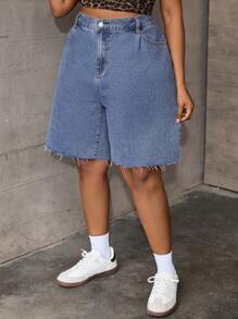 SHEIN EZwear Plus Size Blue Distressed Denim Casual Slim Fit Shorts,Spring For Women / Spring,Summer For Women / Summer / Summer / Cute,Easter / Easter / Easter Women,Concert Women / Rave / Rave Festival / Country Concert / Nashville - Blue - View 1