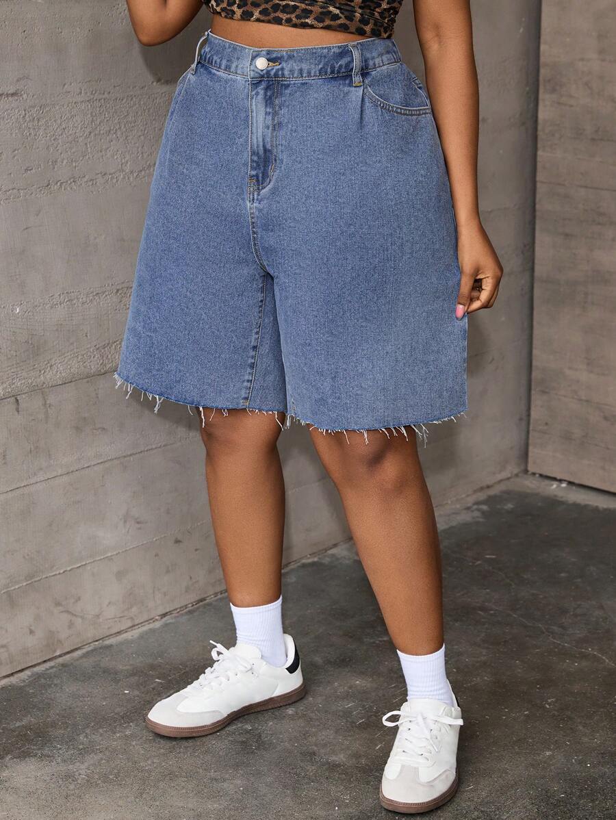 SHEIN EZwear Plus Size Blue Distressed Denim Casual Slim Fit Shorts,Spring For Women / Spring,Summer For Women / Summer / Summer / Cute,Easter / Easter / Easter Women,Concert Women / Rave / Rave Festival / Country Concert / Nashville - Blue - View 1