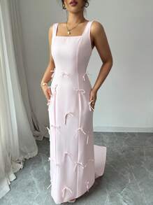 Chiquease Women's Elegant Square Neck Sleeveless Maxi Dress With Bow Decor - Pink - View 1