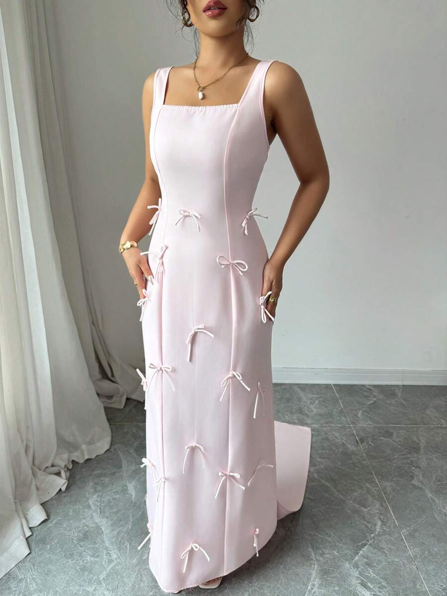 Chiquease Women's Elegant Square Neck Sleeveless Maxi Dress With Bow Decor - Pink - View 1
