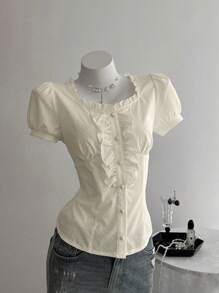 Elamini Women's Solid Color Minimalist Short Sleeve Blouse - Apricot - View 3