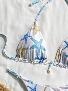 Swim Mod Set de 2 piezas de biquini de verano con parte superior tipo tirantes con estampado aleatorio y textura acanalada, sujetador triangular y tanga - Multicolor - Ver 5