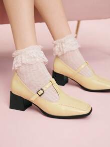 CUCCOO DOLLMOD New Yellow Oxford-Style Square Toe Chunky Heel Vintage Anti-Slip Comfortable Women High Heel Pumps
