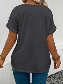 SHEIN EMERY ROSE CURVE Women Plus Size Short Sleeve Layered V-Neck Queen Graphic Print T-Shirt, Casual For Spring/Summer - Grey - View 2