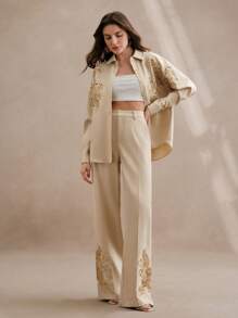 Anewsta 2 Pieces Set Women Spring Summer Chic Gold Sequins Beaded Shirt And Trousers - Khaki - View 5