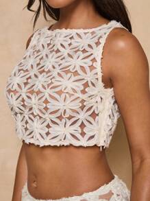 SHEIN BAE Top corto de malla bordado sexy para mujer, de verano - Beis - Ver 8