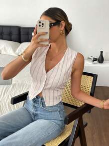 SHEIN Frenchy 撞色竖条纹无袖开衩单排扣上衣，夏季休闲款 - 杏色 - 查看 1