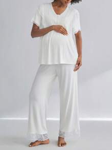 Moonlight&Mama Set de pijama de maternidad de manga corta con botones y encaje, 2 paquetes, conjunto de ropa de estar en casa y ropa de dormir de moda - Blanco - Ver 1