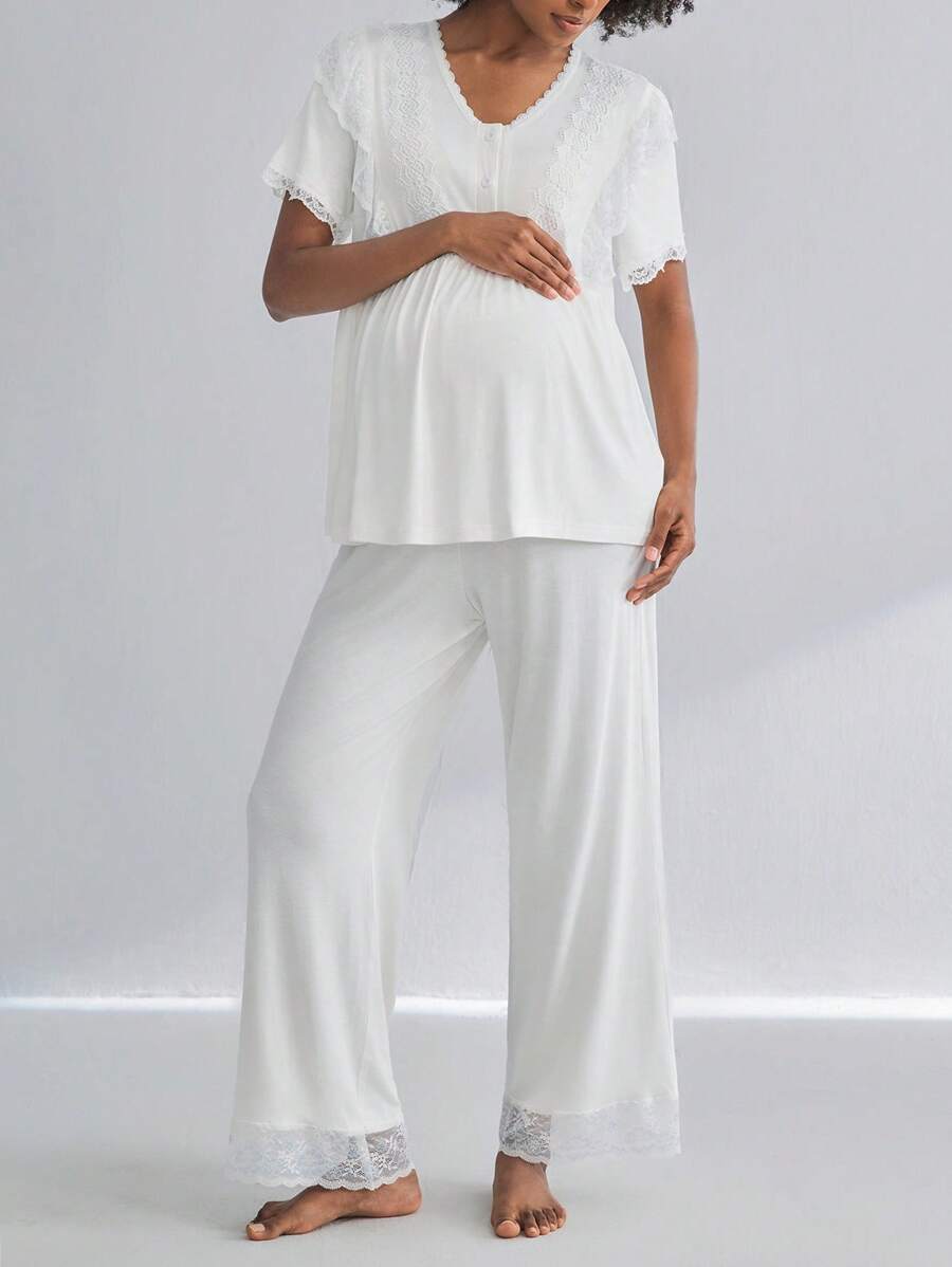 Moonlight&Mama Set de pijama de maternidad de manga corta con botones y encaje, 2 paquetes, conjunto de ropa de estar en casa y ropa de dormir de moda - Blanco - Ver 1