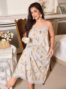 CottageSlumber Nachthemd mit Spitzenbesatz und Bubble Crinkle Textur in Übergröße für Damen - Gelb - Übersicht 4