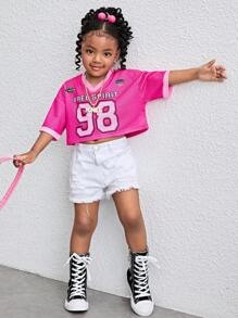 年轻女孩V领针织数字图案休闲短款T恤 - 玫紅色 - 查看 4