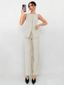 Aloruh 女士 2 件套办公室服装卡其色缺口翻领背心夹克和裤子，秋冬 - 杏色 - 查看 4