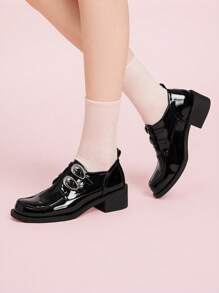 CUCCOO DOLLMOD Women's Outdoor Round Toe High Heel Black PU Glossy Material Fashion Comfortable Daily & Party Buckle Strap Stiletto Pumps With Silver Studded Decor - Black - View 2