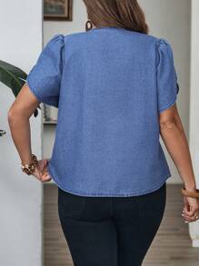 EMERY ROSE EMERY ROSE Women Plus Size Solid Color Casual Short Sleeve Denim Top Summer Clothing Clothes Woman Dress Formal Tops Crop - Medium Wash - View 3