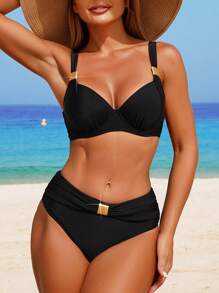 Swim Lushoire 2pcs Black Steel-Rimmed Supportive Tankini Swimsuit With High Waisted Metal Decor Pants For Women, Elegant For Summer Beach Vacation