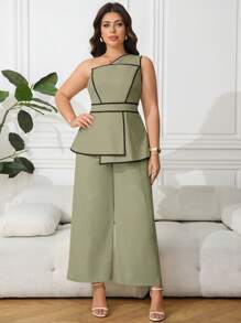 Ellevyn 2pcs/Set Plus Size Women Hem Decor Sleeveless Top And Wide Leg Pants Set - Mint Green - View 5