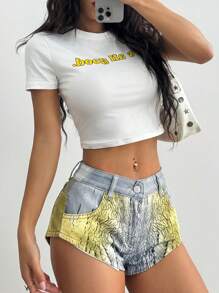 SHEIN Unity Printed Denim Shorts, Fashionable For Summer - Multicolor - View 5