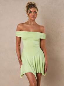 Glamine 1pc Women's Elegant Solid Color Off Shoulder Mini Dress, Summer - Green - View 4