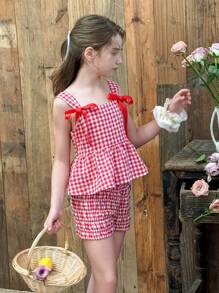 LMoss Kids 2件套青少年女孩梭织格子吊带背心和短裤套装 - 紅白色 - 查看 6