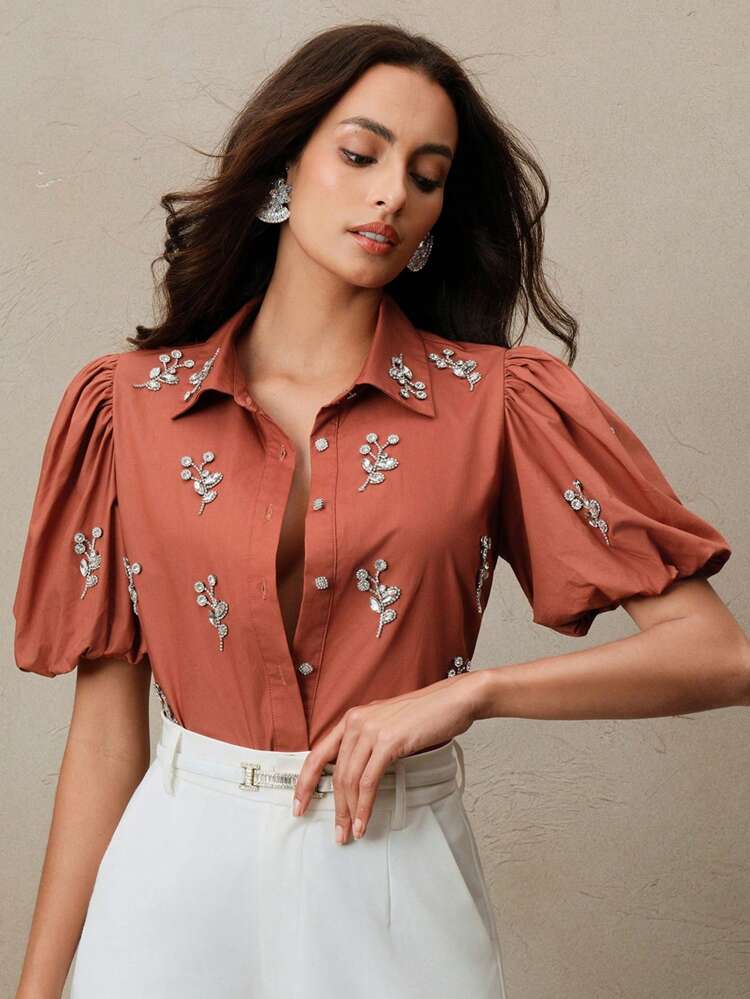 Blusa elegante e moderna da donna con maniche a palloncino, decorata con cristalli, manica corta, adatta per primavera/estate, eventi e laureati
