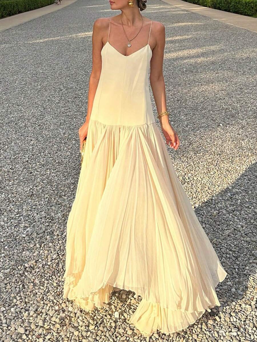 Siren Gaze Abito da spiaggia bohémien estivo 2025 - Abito lungo a sirena con scollo a V color giallo burro, orlo asimmetrico in chiffon leggero | Outfit da vacanza in isola e luna di miele per donna, abito da cocktail per festa in piscina e matrimonio, abiti per laurea e vacanza