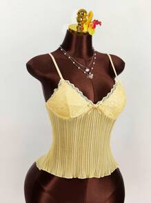 Amplova 女式蕾丝拼布生菜下摆吊带背心 - 黃色 - 查看 9