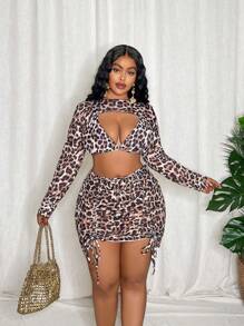 Slaydiva 4pcs/Set Plus Size Adjustable Sexy Leopard Print Swimsuit Set For Vacation For Summer - Multicolor - View 1