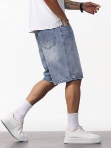 Manfinity Homme Men's Washed Basic Casual Denim Shorts Tropical Hang Out Street - Light Wash - View 6