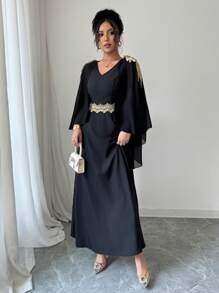 Chiquease Elegant Black & Gold V-Neck Poncho Dress For Women - Black - View 5