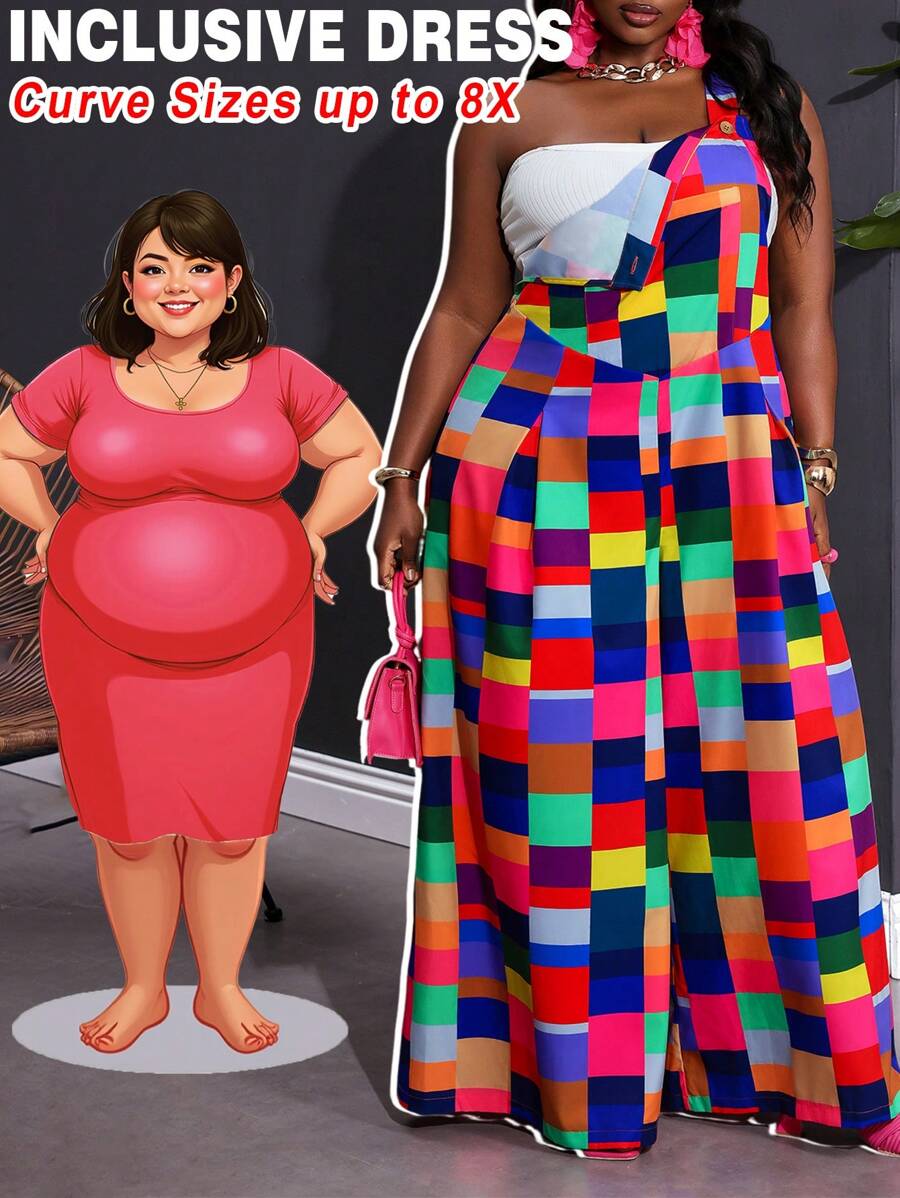 SHEIN CURVE+ 大码女式格子印花系带阔腿连体裤，休闲、甜美、外出、日常、浪漫女士沙滩装/沙滩裙/沙滩度假装/沙滩必备品/毕业/茶会礼服夏季/乡村/沙滩度假装/沙滩装/沙滩装