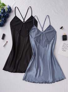 SilkySpell 双色纯色交叉带缎面女式睡袍