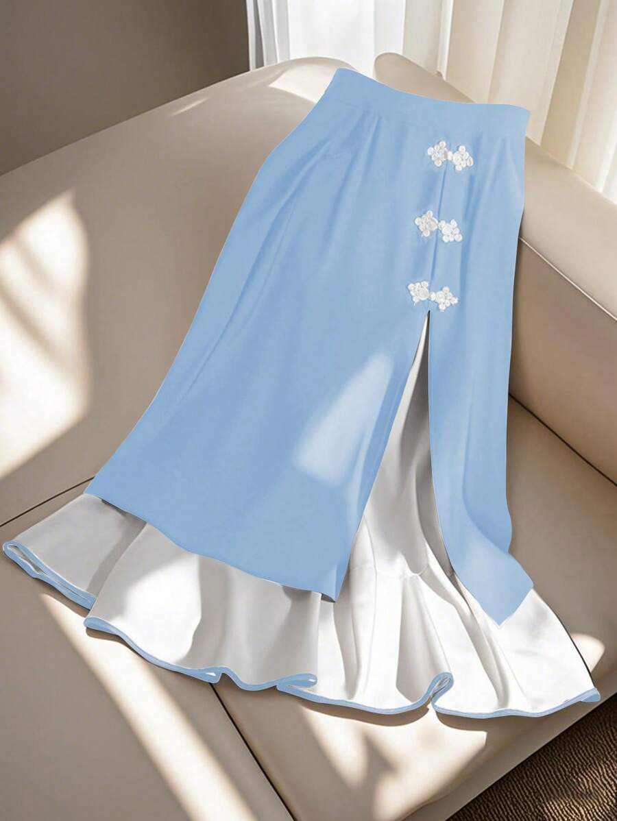 Chiquease Váy chắp vá cài nút màu đen cao cấp mùa xuân thon gọn cho nữ - Xanh và trắng - Xem 1