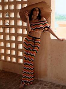 MOTF PREMIUM STRIPED OFF THE SHOULDER TOP & DRAWSTRING WAIST SKIRT COVER UP FOR SUMMER BEACH VACATION - Multicolor - View 1