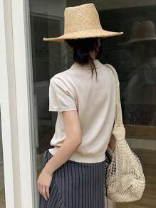 DAZY Women Urban Casual Collared Pullover Short Sleeve Sweater,Teacher Outfits - Apricot - View 3