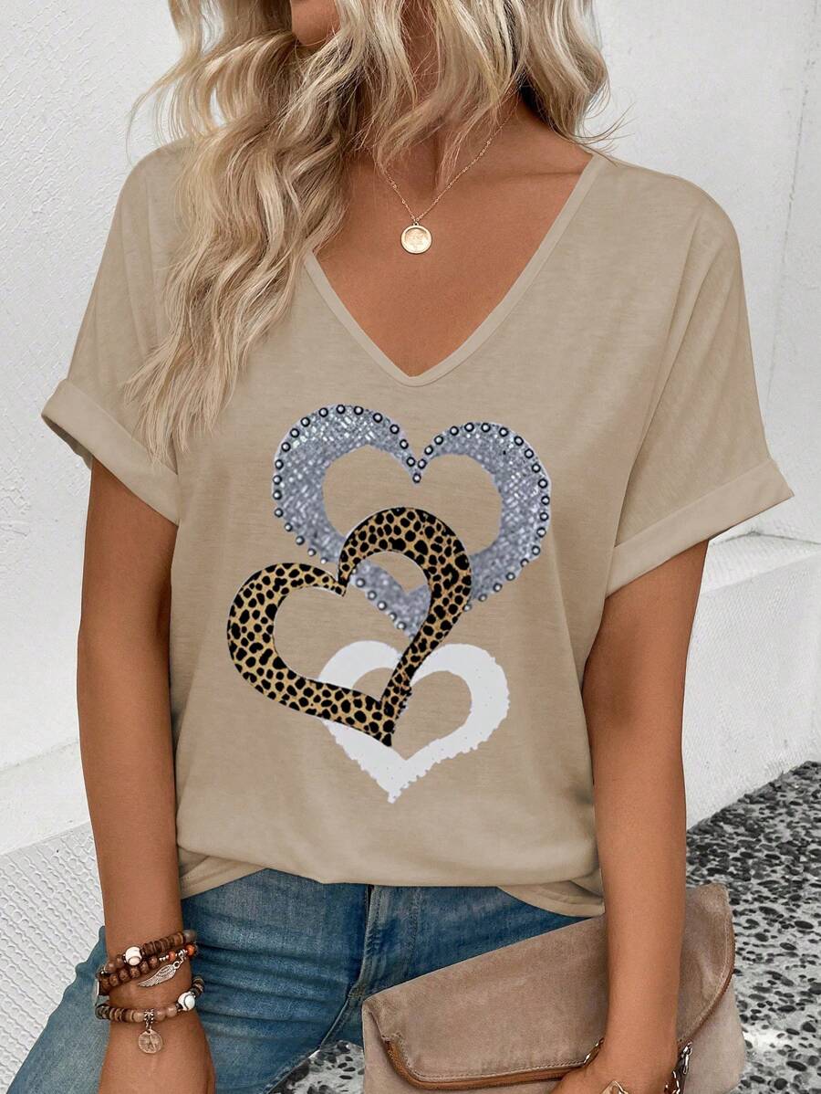 INAWLY 全新女式时尚心形豹纹宽松休闲 V 领短袖 T 恤