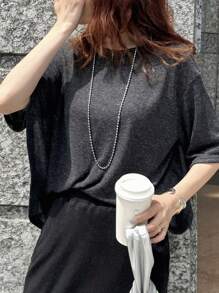 FRIFUL Camiseta de manga murciélago de corte holgado, cuello redondo, ropa de verano para mujer - Negro - Ver 7