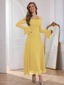 Modelyn 1 件女士优雅精准时尚喇叭袖方领海军蓝黄色连衣裙长款女装 - 黃色 - 查看 3