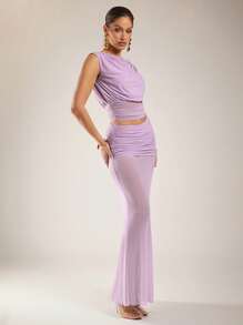 Silquee Women's Elegant Summer Pink And Purple See-Through Skirt With A Drop Neck And Off-Shoulder Top With Asymmetric Design, Pleated Two Pieces Suit, Suitable For Seaside Vacation And Graduation