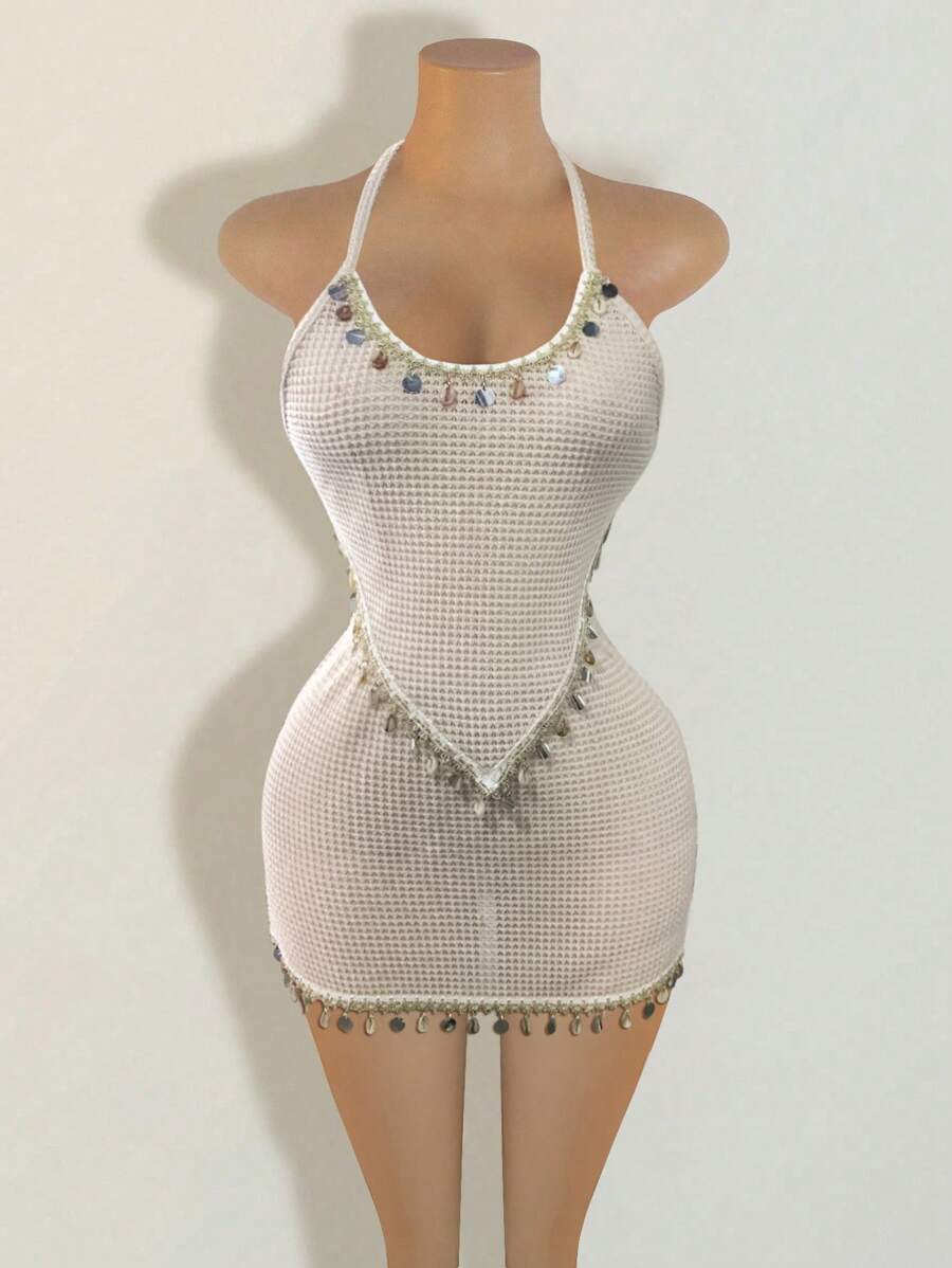 BamGleam Conjunto de dos piezas con flecos de concha color albaricoque para vacaciones - Albaricoque - Ver 1