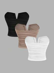 SHEIN MOD 3pcs/Set Women's White Deep V Neck Ruched Camisole Top,Rave,Graduation ,Romantic ,Summer ,Festival,Country Outfits,Beach Vacation Wear,Tea Party ,Modest ,Prom Top,Tube Top With Bra - Black and White - View 2